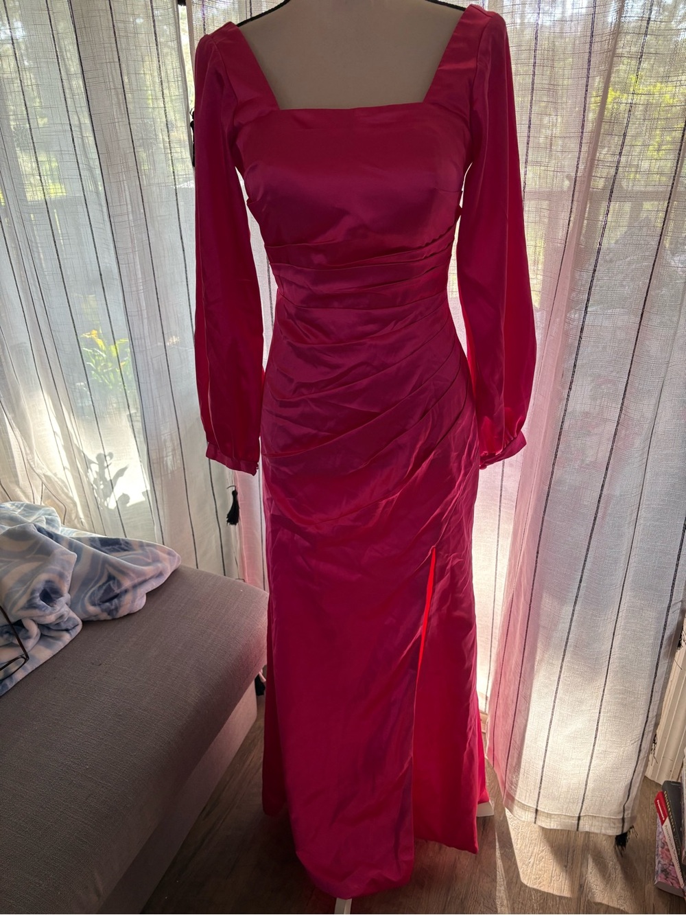 Fuchsia Square-Neck Maxi Dress with Long Sleeves